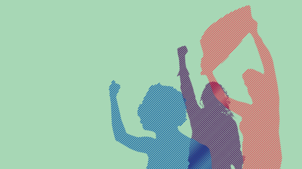 Green background with multi colored protesters