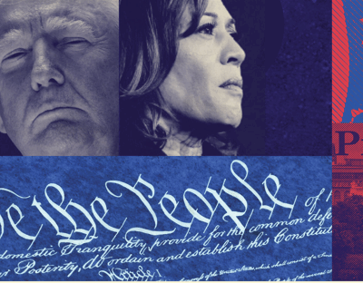 Donald Trump and Kamala Harris over a blue and red background