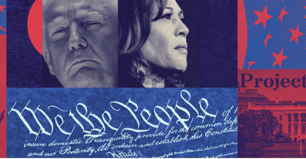 Donald Trump and Kamala Harris over a blue and red background