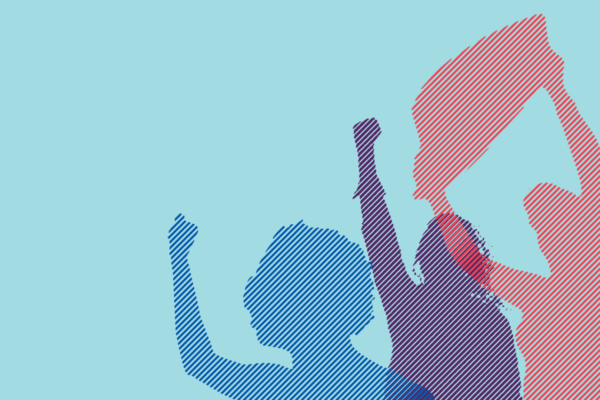 Blue background with multi colored protesters