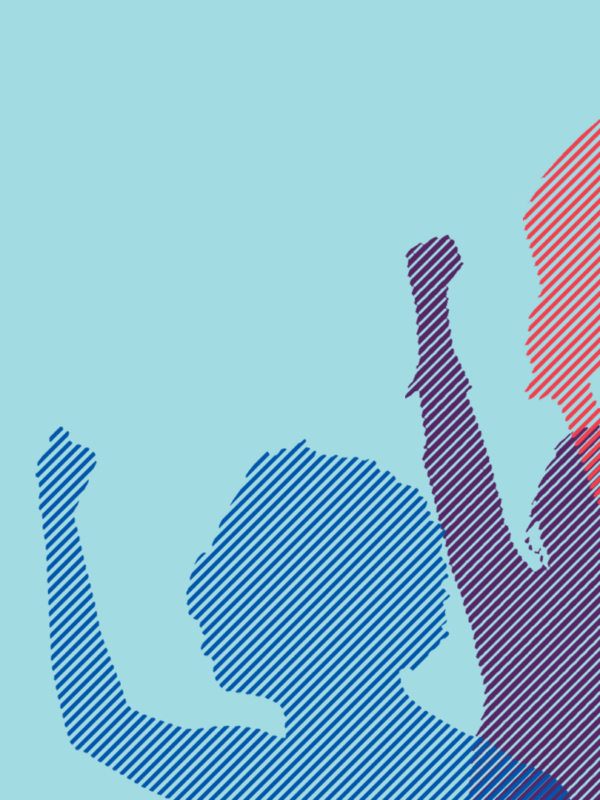 Blue background with multi colored protesters