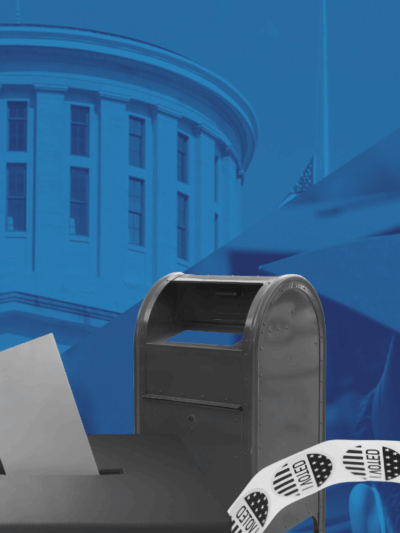 Navy blue background with images of the statehouse, college students, a mailbox, voting stickers, and a hand putting a ballot into a ballot box