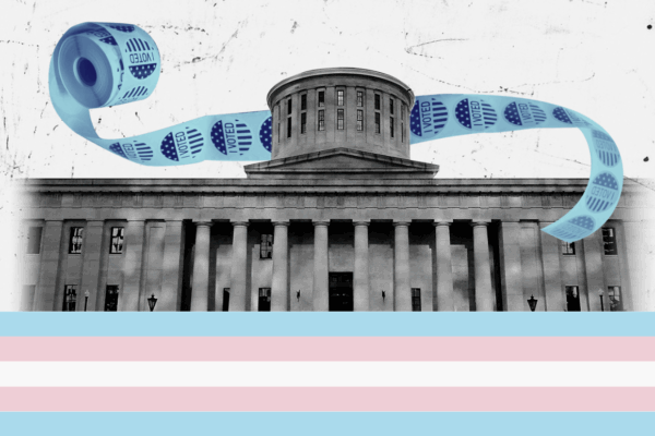 Statehouse with the Trans Flag and voting stickers