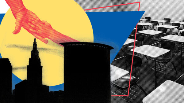 Image of hands reaching for each other, the Cleveland skyline, and a classroom