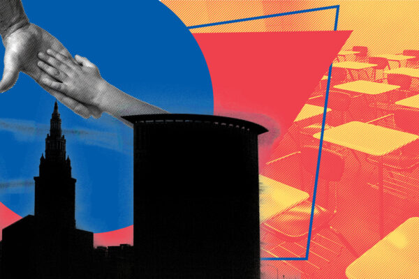 Cleveland skyline with desks and hands reaching out to each other
