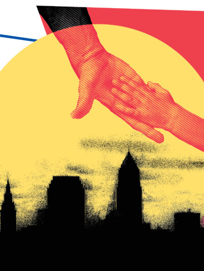 Hands reaching for each other over Cleveland skyline