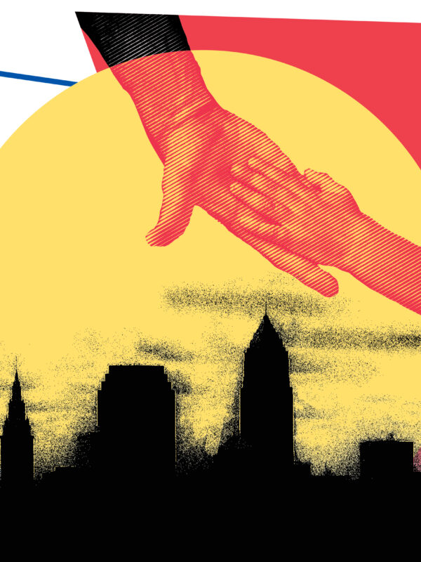 Hands reaching for each other over Cleveland skyline