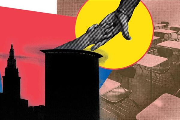 Hands reaching with Cleveland skyline