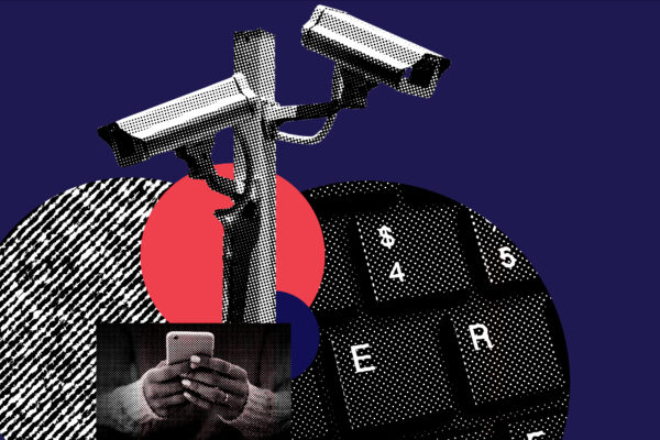 Photograph a video camera, a keyboard, hands holding a smart phone, mixed with red, white, and blue graphics