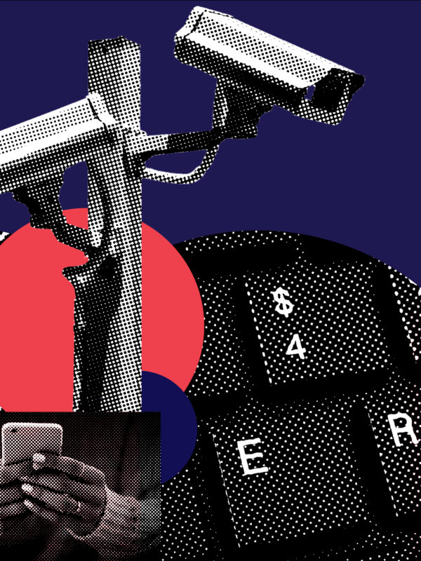 Photograph a video camera, a keyboard, hands holding a smart phone, mixed with red, white, and blue graphics
