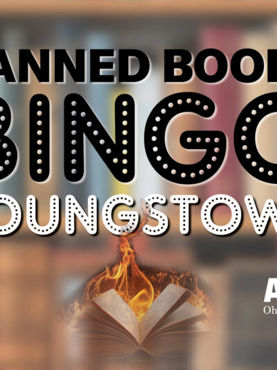 Graphic reading Banned Booked Bingo Youngstown with blurry books in the background, a small graphic of a book on fire, includes the ACLU Ohio logo