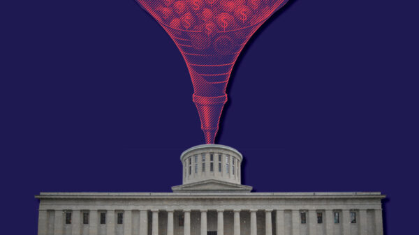 Photo of money being funneled into the Ohio Statehouse