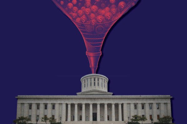 Photo of money being funneled into the Ohio Statehouse