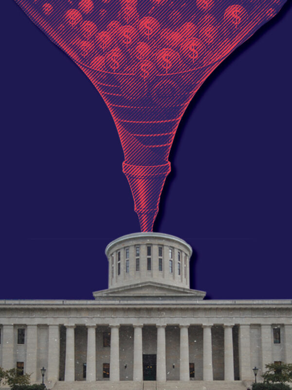 Photo of money being funneled into the Ohio Statehouse