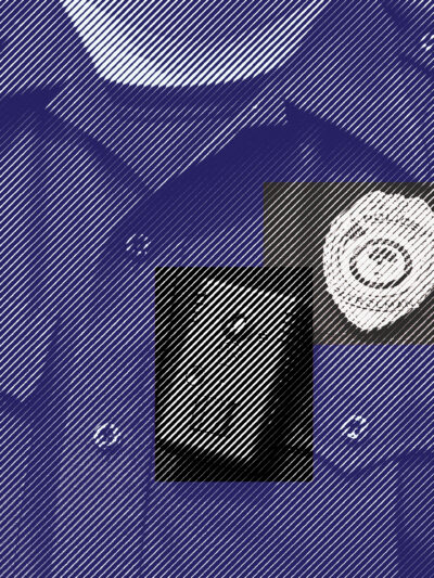 Blue and white Photograph of a police officer's chest, with the name tag, body cam, badge, and radio in black