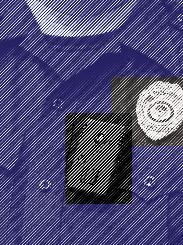 Blue and white Photograph of a police officer's chest, with the name tag, body cam, badge, and radio in black