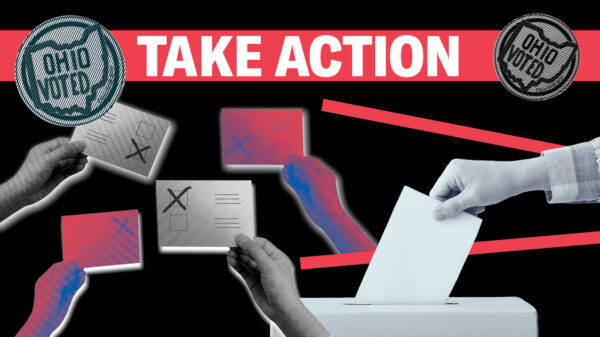 Multiple hands holding ballots and the words Take Action