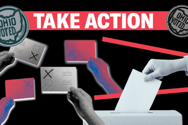 Multiple hands holding ballots and the words Take Action