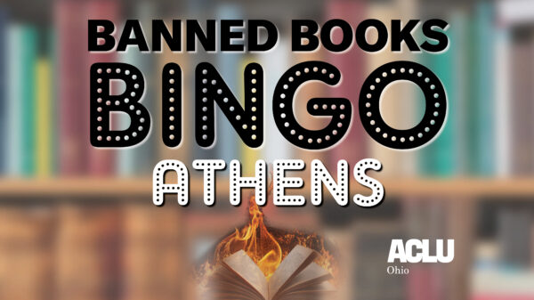 Graphic promoting Banned Books Bingo event with blurred books in the background