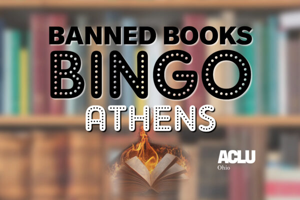 Graphic promoting Banned Books Bingo event with blurred books in the background
