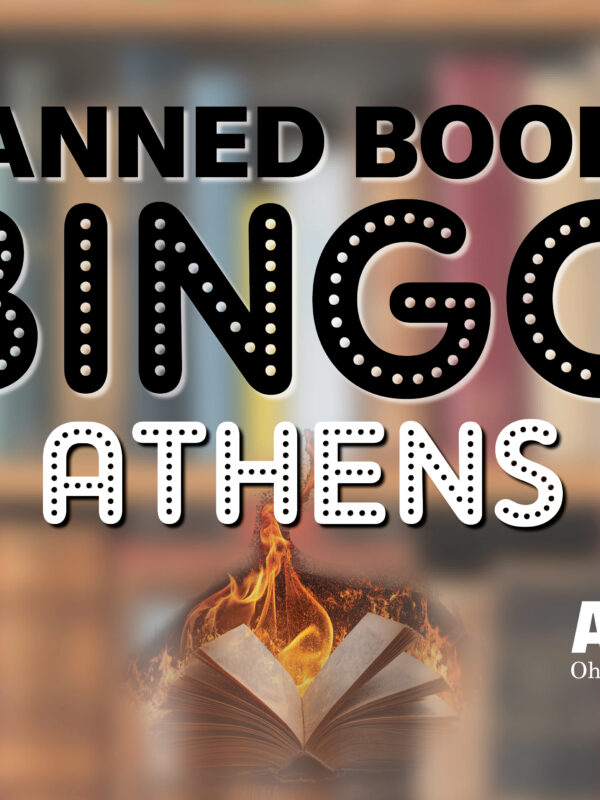 Graphic promoting Banned Books Bingo event with blurred books in the background