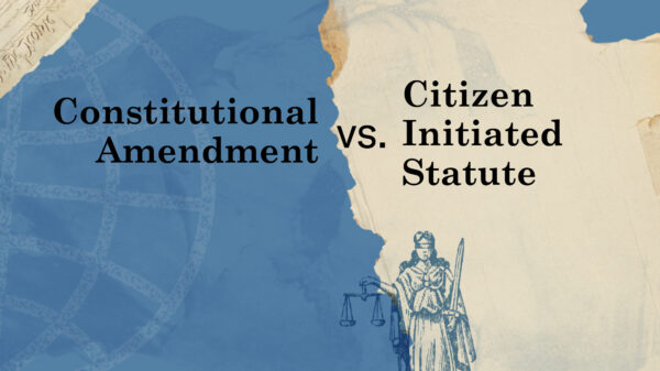 Graphic reading Constitutional Amendment vs. Citizen Initiated Statute with words over a blue and white background