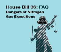 Graphic of Lady Justice wearing a gas mask