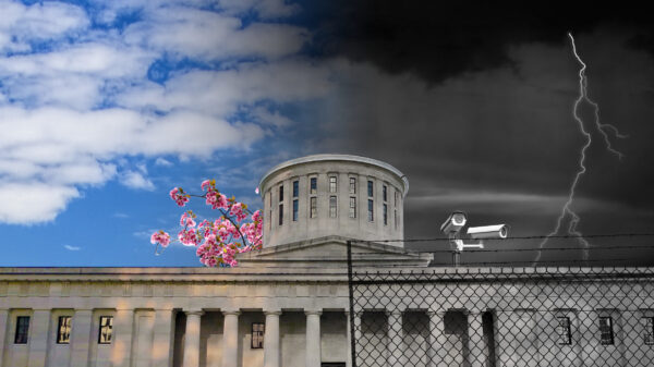 The Ohio Statehouse with a sunny day on the left side and prisoner walking down an empty prison hallway on the right side