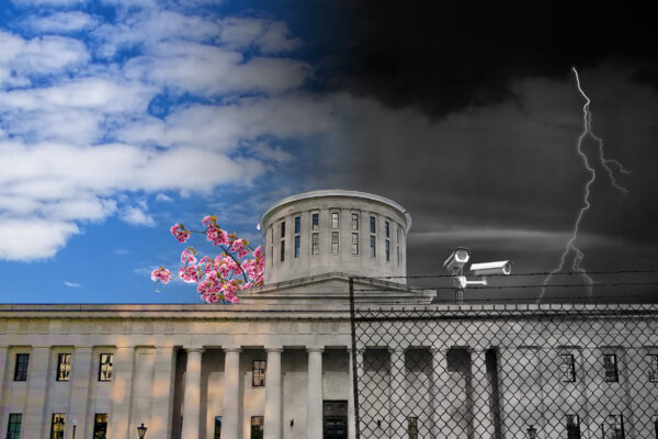 The Ohio Statehouse with a sunny day on the left side and prisoner walking down an empty prison hallway on the right side