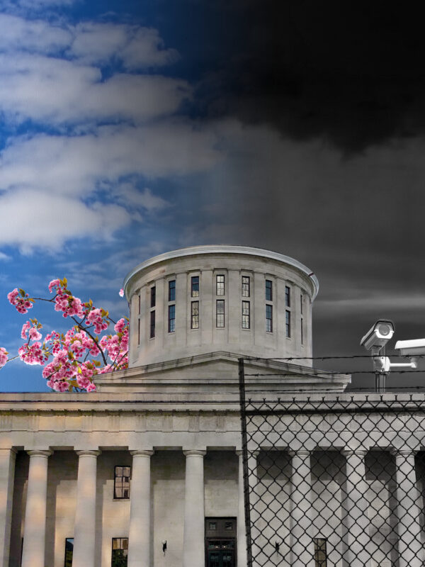 The Ohio Statehouse with a sunny day on the left side and prisoner walking down an empty prison hallway on the right side