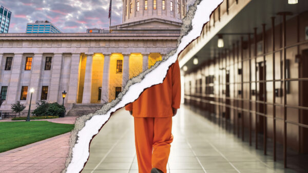 Photo of ohio statehouse on left, prisoner walking down an empty prison hallway on the right