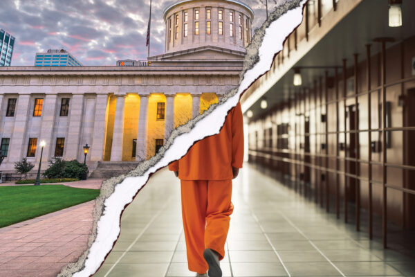 Photo of ohio statehouse on left, prisoner walking down an empty prison hallway on the right