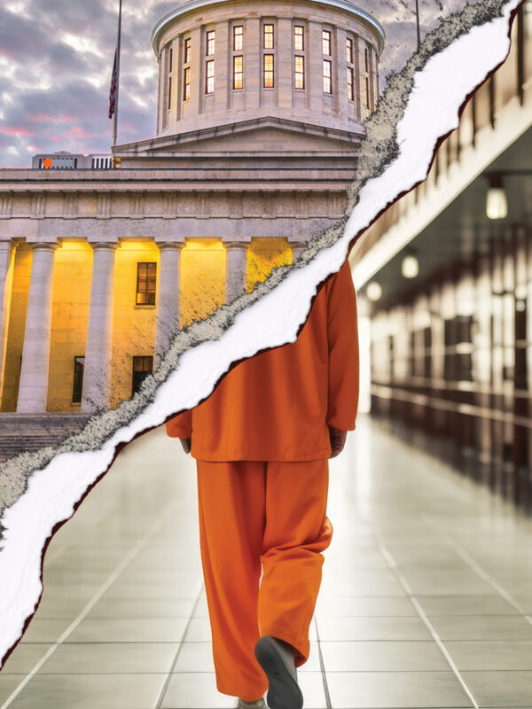 Photo of ohio statehouse on left, prisoner walking down an empty prison hallway on the right