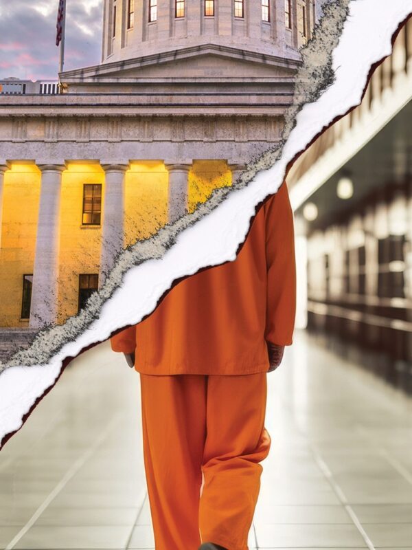 Ohio Statehouse and person walking in a prison