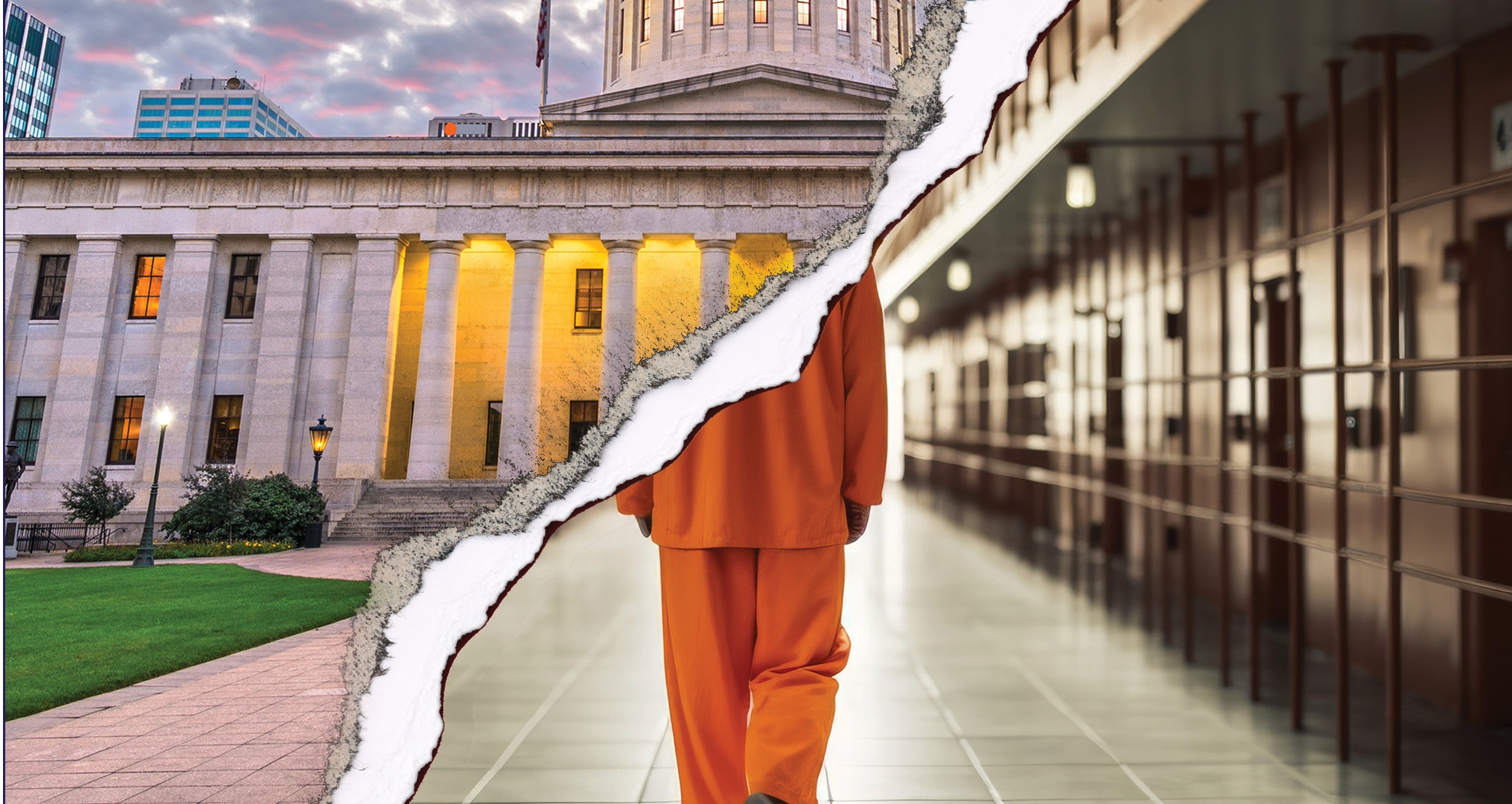 Ohio Statehouse and person walking in a prison