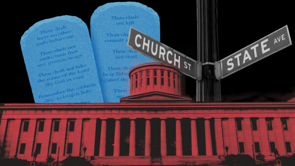 Image of the Statehouse and Ten Commandments with street signs saying Church and State