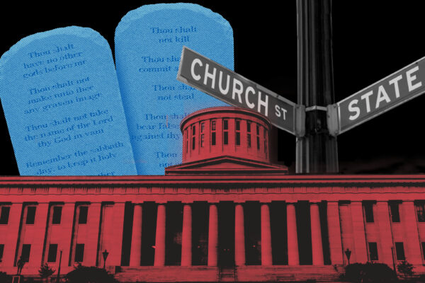 Image of the Statehouse and Ten Commandments with street signs saying Church and State