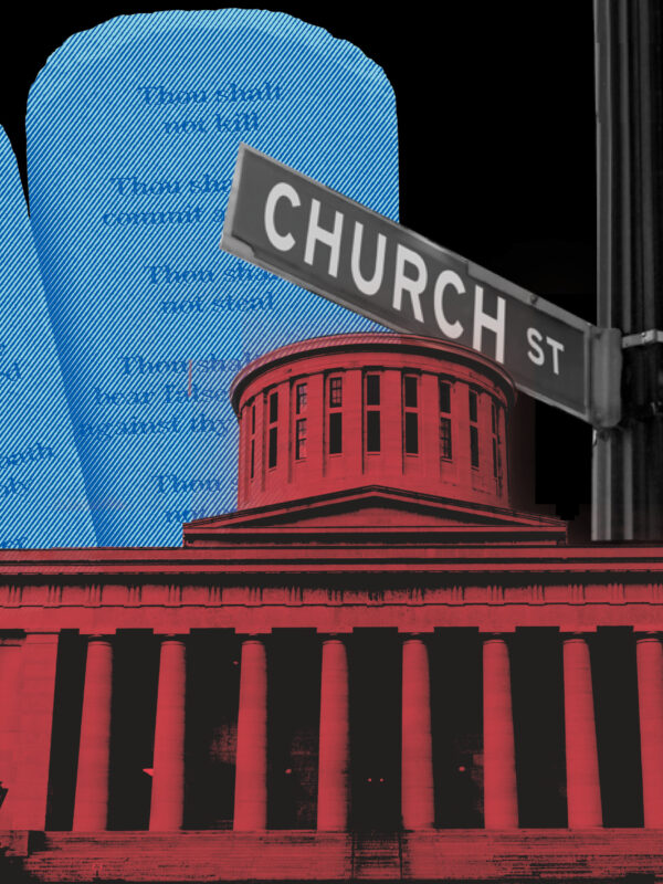 Image of the Statehouse and Ten Commandments with street signs saying Church and State