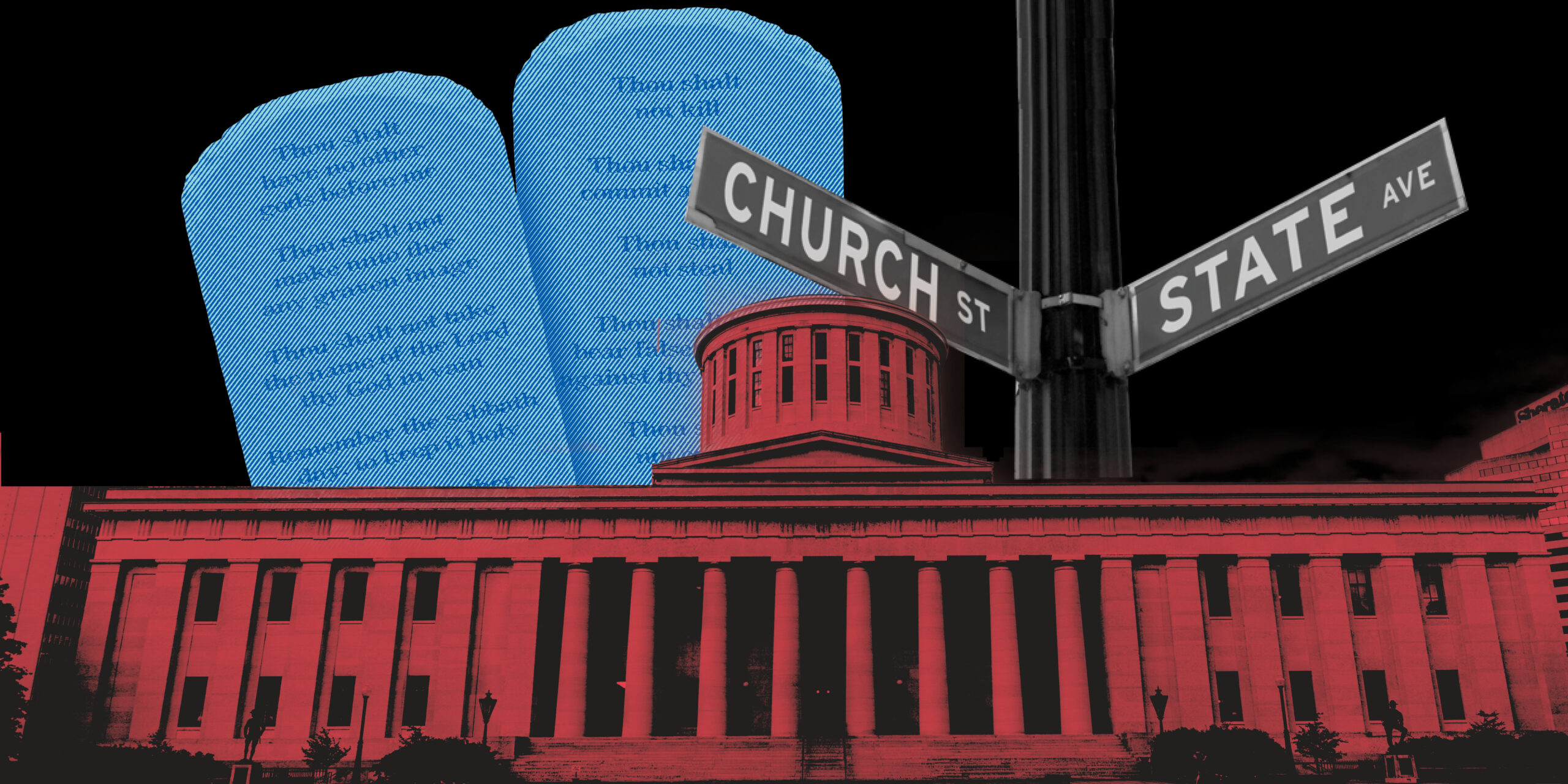 Image of the Statehouse and Ten Commandments with street signs saying Church and State