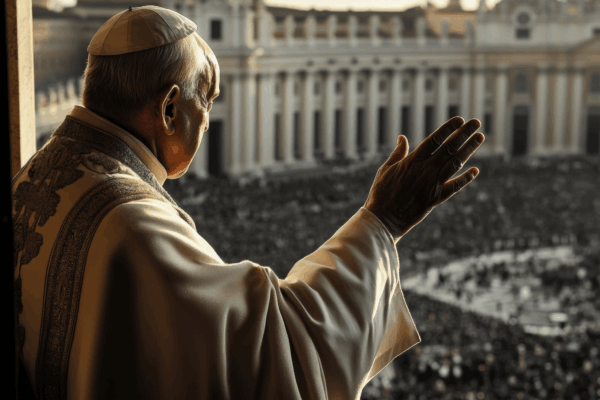 Photo of Pope Francis waving to a crowd of people in the square