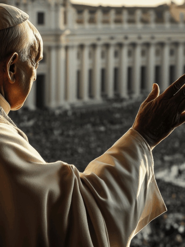 Photo of Pope Francis waving to a crowd of people in the square