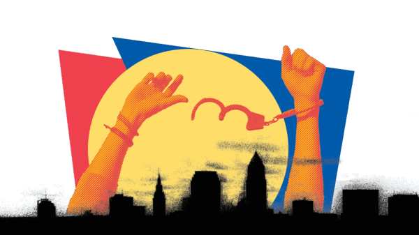 graphic of hands breaking free of handcuffs over the cleveland skyline with red orange and blue graphics in the background