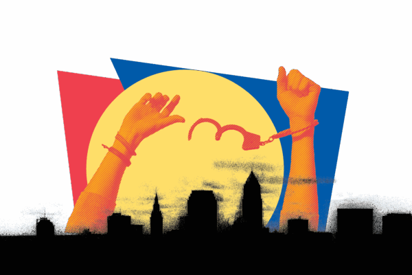 graphic of hands breaking free of handcuffs over the cleveland skyline with red orange and blue graphics in the background
