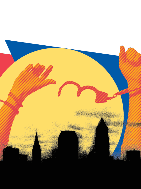 graphic of hands breaking free of handcuffs over the cleveland skyline with red orange and blue graphics in the background