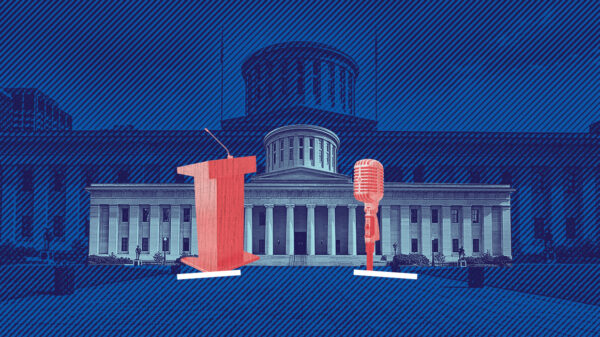 ohio statehouse graphic with red podium and microphone