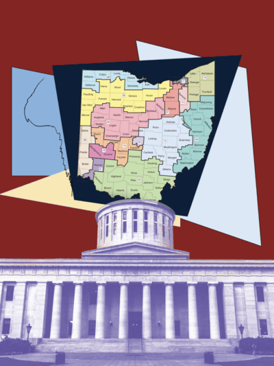 Image of the Statehouse with a picture of Ohio's federal congressional districts