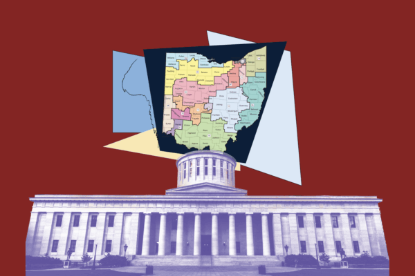 Image of the Statehouse with a picture of Ohio's federal congressional districts