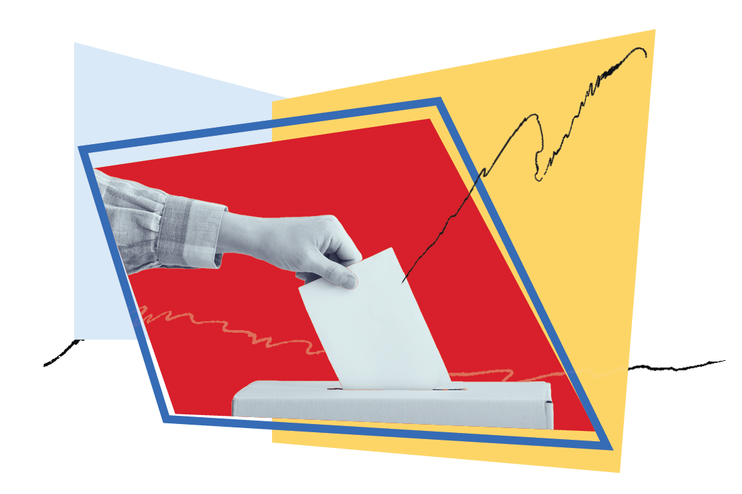 Photo of hand placing ballot in ballot box with red and yellow boxes and squiggly lines