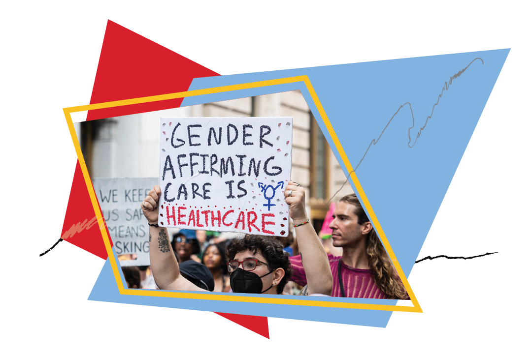 photo of protesters with a sign that reads gender affirming care is health care with red and blue boxes