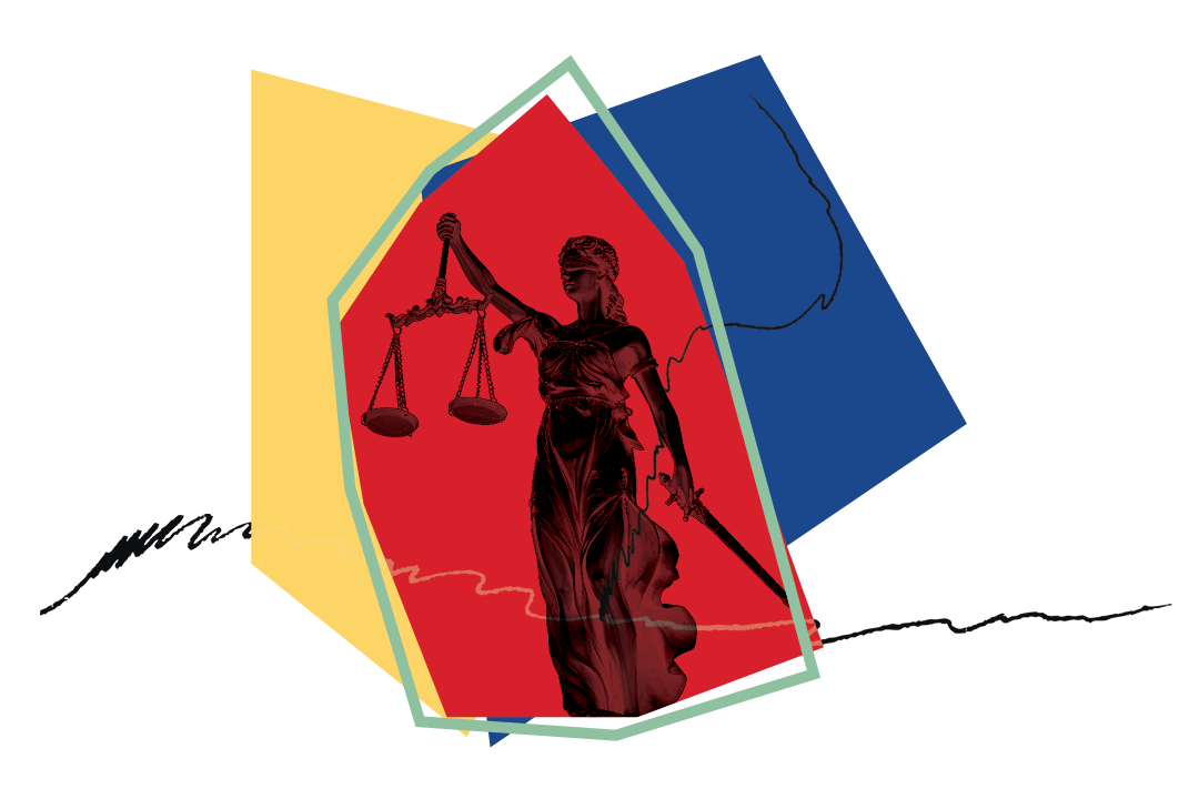 Photo of scales of justice with sword in front of red yellow and blue abstract shapes